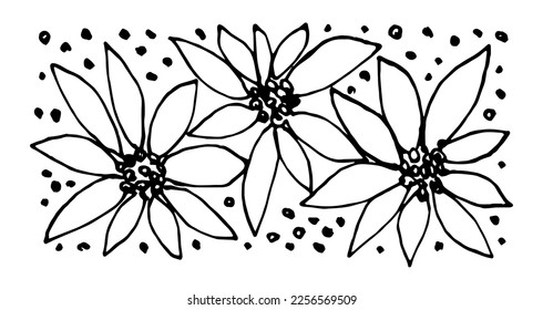 Set of floral elements with black outline. Vector ink drawing. Large flowers, dots. Spring-summer collection.