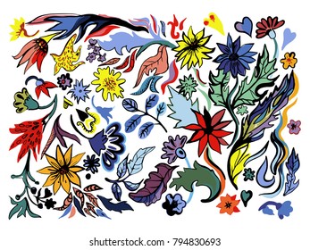 Set with floral elements with black outline.