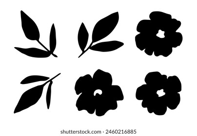 Set of floral elements, black silhouette. Flowers, leaves and branches. For decoration and creating patterns. Hand drawn vector illustration.