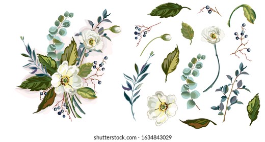 Set of floral elements with bouquet. White flowers with green leaves. Design elements for wedding invitation or greeting card. Vector illustration.