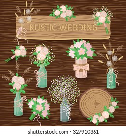 Set of floral elements, bouquets in jars and pots for wedding design on dark wood texture background. Marriage ceremony decoration in rustic style. 