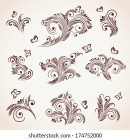 Set of floral elements and butterflies for decor, Illustration