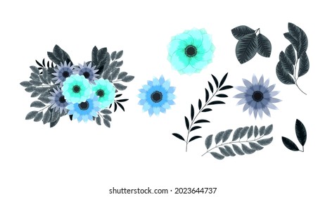 Set of floral elements - Colorful flowers, leaves arrangement in bouquet for Wedding card , poster, invite, fabric, clothes, web, backgrounds, compositions. Vector Illustration Design