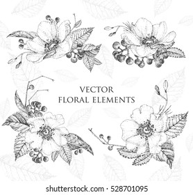 Satz von Blumenelementen für Design.  Schwarz und weiß. Monochrome Vektorgrafik.  Pointillismus Stil.