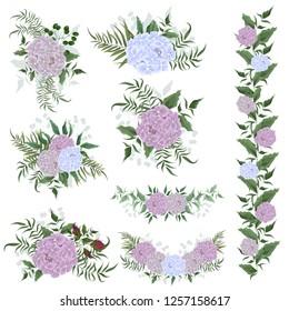 Set of floral elements for design. Curbs, bouquets of green leaves, hydrangea flowers, palm leaves. All elements are isolated.