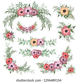 Set of floral elements for design. Curbs, bouquets of green leaves, anemone flowers, palm leaves. All elements are isolated.