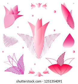 Set of floral elements for design flowers. Flowers and petals of pink shades. Vector illustration for design of logos, posters, business cards.