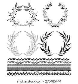 Set of  floral elements for design hand-drawn line, and wreaths 