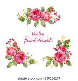 Set of floral elements for design. Vector illustration of red roses. Watercolor flowers. 