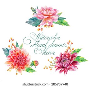 Set of floral elements for design. Vector illustration of red dahlias, leaves and butterfly. Watercolor illustration of flowers. 