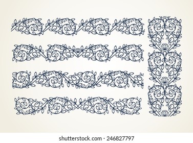 Set of floral elements for design. Set of vintage ornate borders.