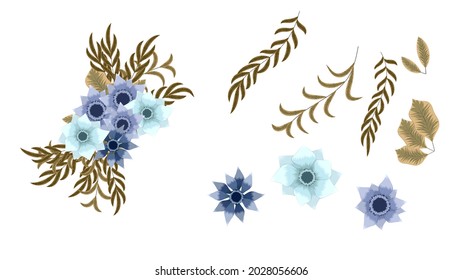 Set of floral elements editable vector illustrations of Stylish elegant garden flowers, lovely greenery isolated design, weddings, greeting card, holiday, textile, fabric, clothes, web, backgrounds.