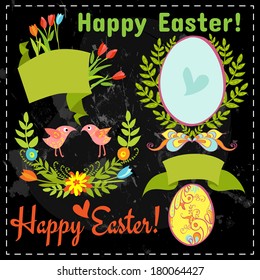 set of floral elements, eggs on the chalkboard