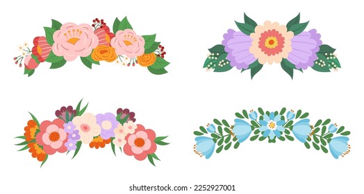 Set of Floral Elements, Elegant Spring Wreaths or Arrangements with Colorful Blossoms Isolated on White Background. Headwear, Decor For Invitation, Save The Date Card. Cartoon Vector Illustration