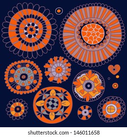 Set of floral elements in the ethnic style of hand-drawn. Vector illustration.