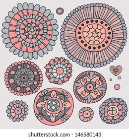 Set of floral elements in the ethnic style of hand-drawn. Vector illustration.