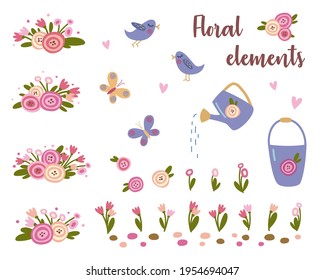 Set of floral elements. Flower arrangements, tulips, watering can, bucket, birds, butterflies, colored pebbles isolated on a white background.