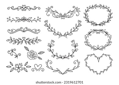 Set of floral elements. flower collection with flowers, leaves, herbs, frame. Vector design isolated on white background.
