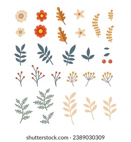 Conjunto de elementos florales. Flores y hojas. Vector