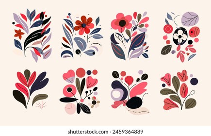 Set of floral elements: flower and leaves in red and pink neutral color palette. Decoration kit for a wedding poster and invitation template.