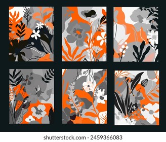 Set von floralen Elementen: Blüte und Blätter in orange und grau. Hochzeit Poster und Einladung Vorlage.