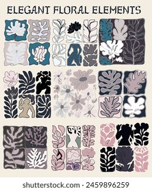 Set of floral elements: flower and leaves. Vector elements for greeting card or wedding poster.