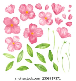 Set of floral elements. Flower pink rose, green leaves and stem. Wedding concept with flowers. Floral poster, invite. Vector arrangements for greeting card or invitation design