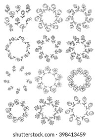 Set of floral elements. Flower wreath. Floral round frame isolated on white background. Vector illustration.