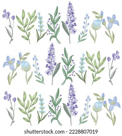 Conjunto de elementos florales. Flores y hojas verdes. Afiche floral, pancarta, postal, fondo vectorial para el diseño de tarjetas de felicitación o invitación