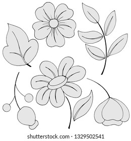 set of floral elements, flowers, leaves, buds, in gray colors