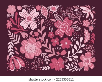 Set of floral elements folk style. In trendy 2023 colors Viva magenta. Vector illustration.