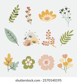 Set of floral elements for graphic design. Vector illustrations for beauty. Cute Flower Decoration. Set of floral branch. 