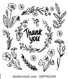 Set of floral elements. Hand drawn illustration converted to vector