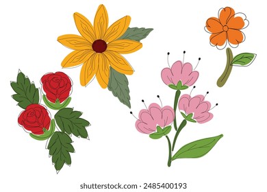 set of floral elements with hand drawn flowers isolated on white. vector illustration. 