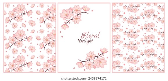 Set of floral elements for holiday design white background with copyspace. Vector seamless pattern and frame of spring blossoming trees. Editable template for wedding, invitation, congratulations