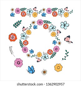 Set of floral elements isolated on white background. Endless horizontal flowers brush. Wreath. Wild flowers composition. Vector illustration.