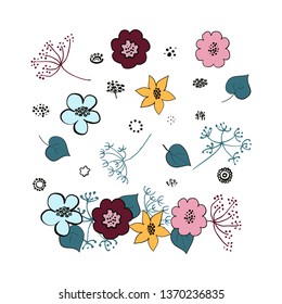 Set of floral elements isolated on white background. Endless horizontal flowers brush. Wreath. Wild flowers composition. Vector illustration.