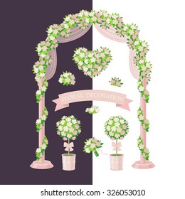 Set of floral elements isolated on white and dark background. Simplified image of arch, topiary, flower heart and bouquet. Cream color floral decoration for wedding design.