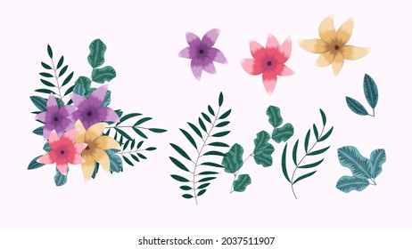 Set of floral elements isolated vector illustration of flowers, vines design elements to create beautiful stylish trendy compositions for web, social media, invites, weddings, greeting cards.