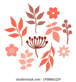 Set with floral elements and leaves. Flowers and branches with leaves and berries.  Decorative elements for design cards, poster, greeting cards. Vector illustration.