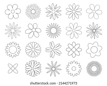 Set of floral elements on white background. Vector flowers black outline collection. Simple plant contour thin line icons set.
