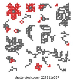 A set of floral elements of patterns of traditional Ukrainian embroidery with a cross, black and red thread, amulet, for the design of women's clothing