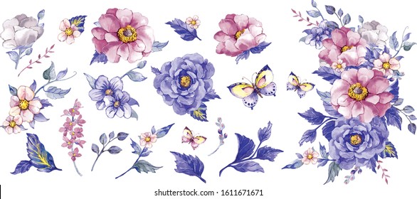 Set of floral elements. Pink flower, butterflies, purple flower, leaves on a white background