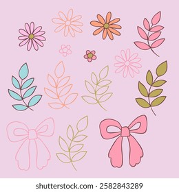 Set of floral elements and ribbon in pastel colours. Good for posters, postcards, stickers, banners, scrapbooking.