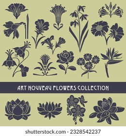 Set of floral elements and silhouettes of flowers, ornamental patterns for using in invitation cards, ornaments, wedding invitations, etc. Art Nouveau style