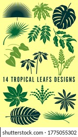 Set of floral elements and silhouettes of tropical leafs, ornamental patterns for using in invitation cards, ornaments, wedding invitations, etc. Art Nouveau style.
