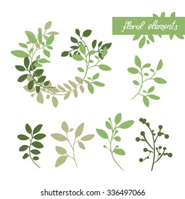Set of floral elements. Sketch of flowers and herbs. Wreath, garland of flowers. Spring or summer design for invitation, wedding or greeting cards