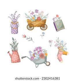 Conjunto de elementos florales para la decoración estival en estilo doodle. Clíparte aislada, ilustración vectorial.