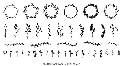 Conjunto de elementos florales ramas, hojas, tallos, brotes, bayas. Elementos florales decorativos, cuadros redondos y líneas decorativas divididas. Primavera floral y elementos de verano en el estilo doodle