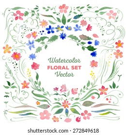 Set of floral elements - vector watercolor illustration. Elements can be combined to create bouquets, frames, wreaths. Great for wedding invitations, Mothers day cards, logotypes, page decoration.